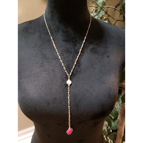 Womens Yellow Gold Ruby Infinity Station Lariat Y Drop Pink Stone Necklace - Picture 1 of 6